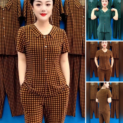 🔥Bestseller🔥【XL-5XL】Letni zestaw spodni w kratę z krótkim rękawem dla matek w średnim wieku