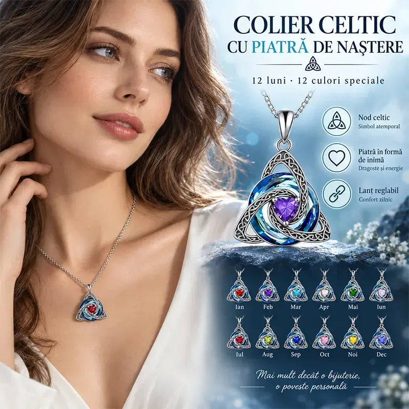 ✨ Lănțișor Elegant cu Pandantiv Nod Celtic și Piatră de Naștere (12 Culori Disponibile)! Design Deosebit în Formă de Inimă · Finisaj Electroplatit Premium · Cadoul Perfect!
