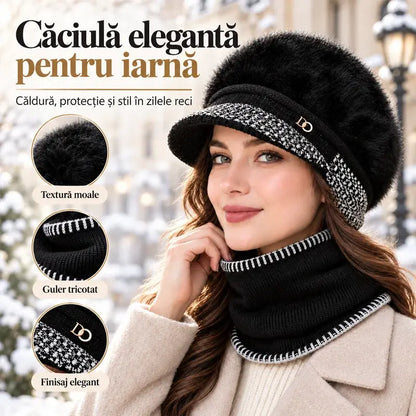 ❄️Ținută elegantă de iarnă, din două piese: Șapcă de baseball din amestec de blană de iepure cu apărători pentru urechi + eșarfă tricotată!