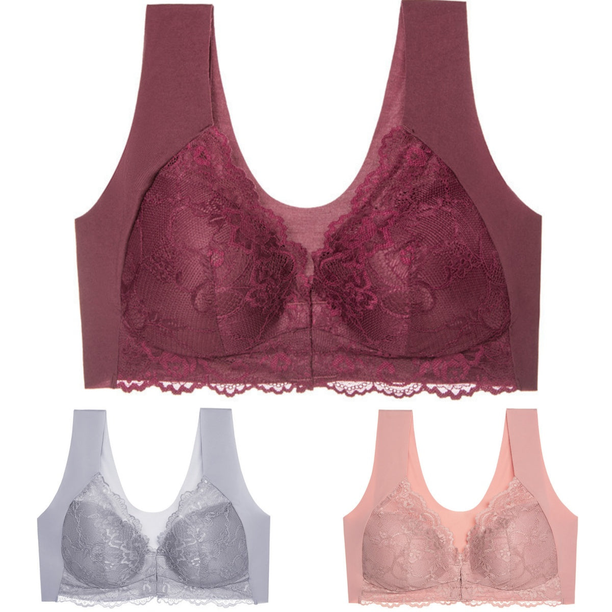 ✨【Set din 3 piese】Sutien sexy pentru mărimi mari, fără armătură, cu închidere în față și un design superb la spate.
