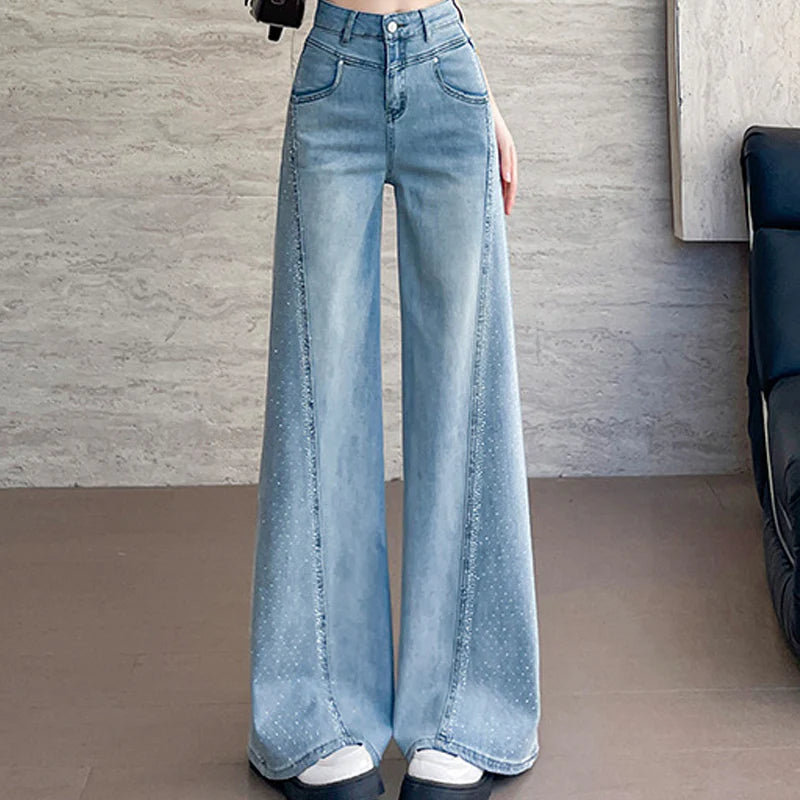 🌼【Ofertas de Primavera】✨Vaqueros de pierna ancha para mujer con decoración de pedrería