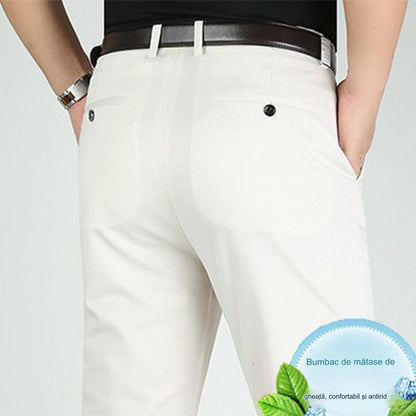 Pantaloni casual de afaceri subțiri pentru bărbați de primăvară și vară Pantaloni elastici din mătase de gheață, drepti, largi, fără călcat