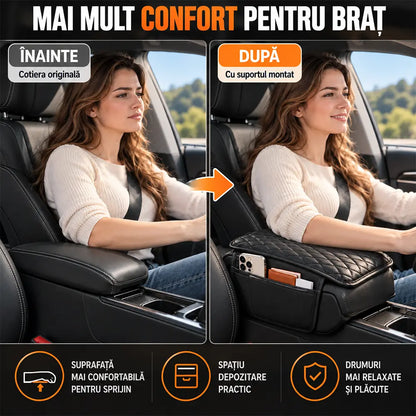 🚗 Suport Ergonomic Universal pentru Cotieră Auto · Cu Buzunare De Stocare · Piele Ecologică · Montare Rapidă!