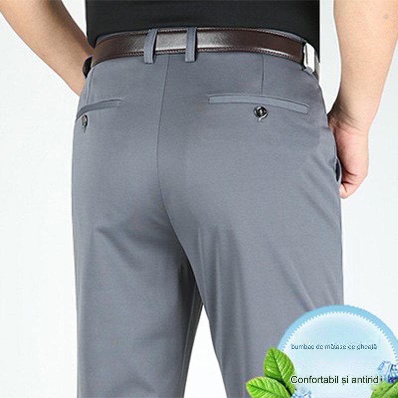 👖👖【50% de descuento】Pantalones informales de negocios ajustados para primavera y verano para hombre, pantalones elásticos rectos de pierna ancha de seda hielo, sin planchar