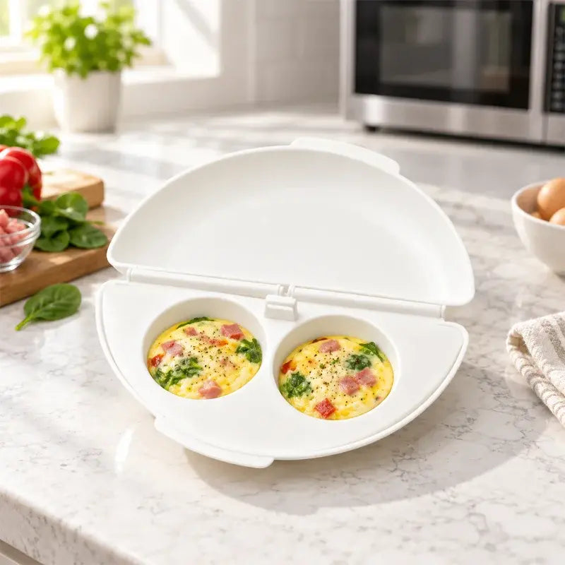 🍳 Mic Dejun Perfect în Doar Câteva Minute! Formă pentru Omletă la Cuptorul cu Microunde 🥚 | 2 Compartimente · Material Antiaderent Alimentar · Balamale Detasabile pentru Curățare Ușoară · Preparare Rapidă Fără Ulei