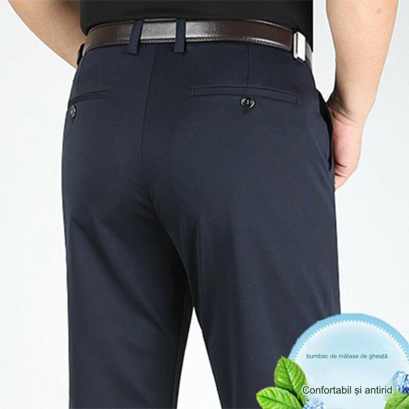 Pantaloni casual de afaceri subțiri pentru bărbați de primăvară și vară Pantaloni elastici din mătase de gheață, drepti, largi, fără călcat