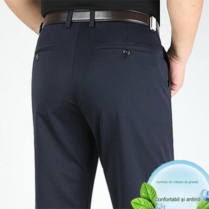 Pantaloni casual de afaceri subțiri pentru bărbați de primăvară și vară Pantaloni elastici din mătase de gheață, drepti, largi, fără călcat