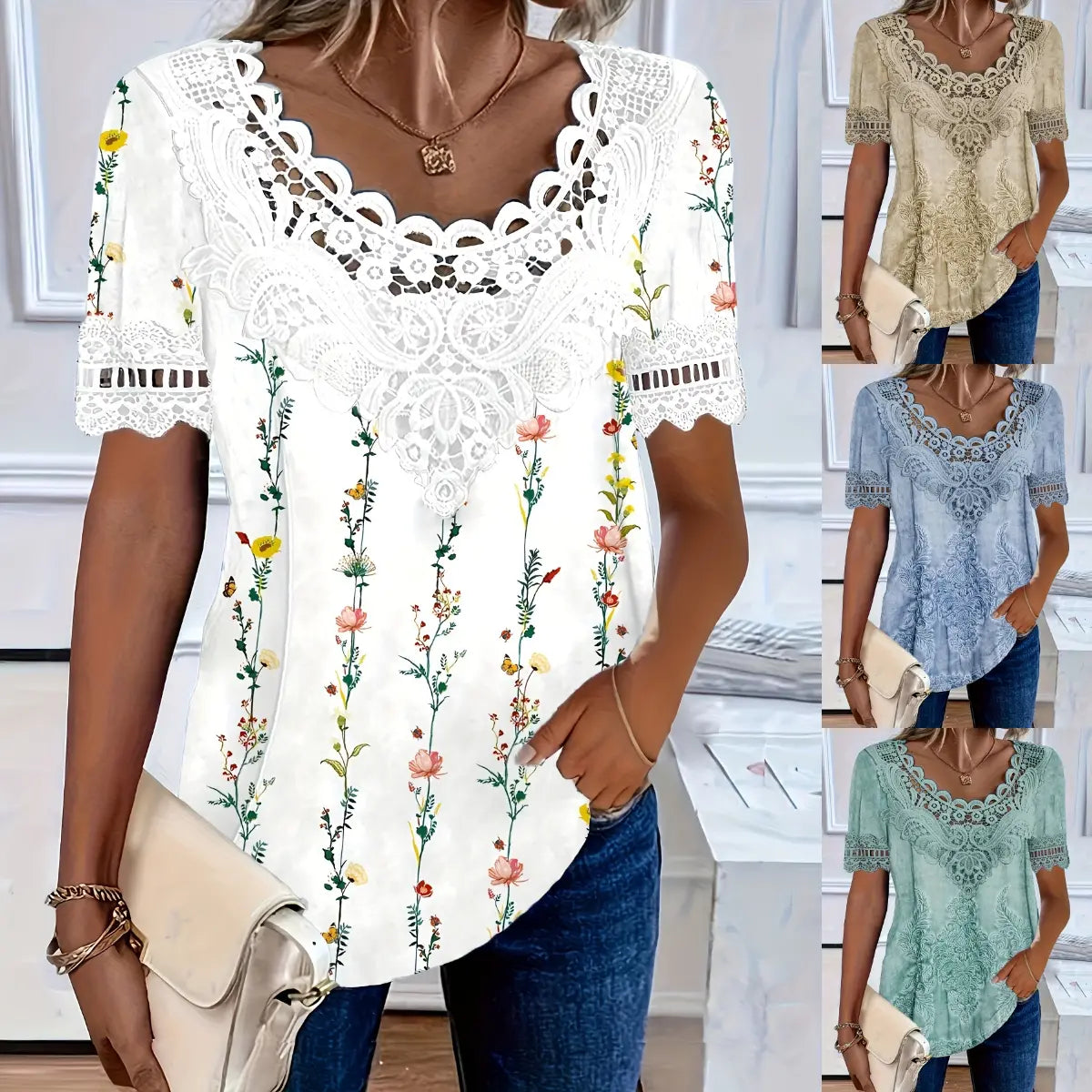 🤩🌺【S-6XL】2026 Noua modă Tricou casual elegant din dantelă pentru femei, confortabil și respirabil