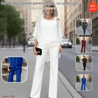 Set de două piese pentru femei, delicat cu pielea, cu umeri goi【Bluză + Pantaloni】