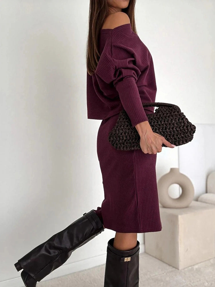 ✨【Top + Falda】 Conjunto de punto hombro inclinado para mujer, manga murciélago y falda abierta, ideal para primavera