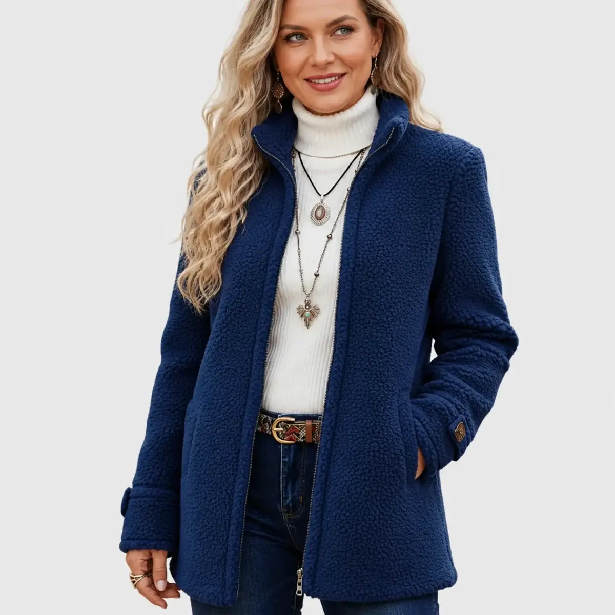 Palton damă lejer din lână, cu fermoar și căptușeală din fleece, mărimi S–3XL