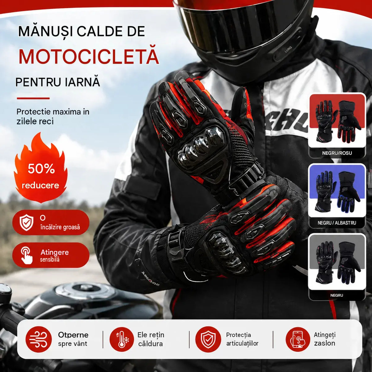 🔥🧤Mănuși pentru motocicletă și ciclism – impermeabile, călduroase și rezistente la vânt, cu protecție la impact, manșetă lungă și funcție touch screen