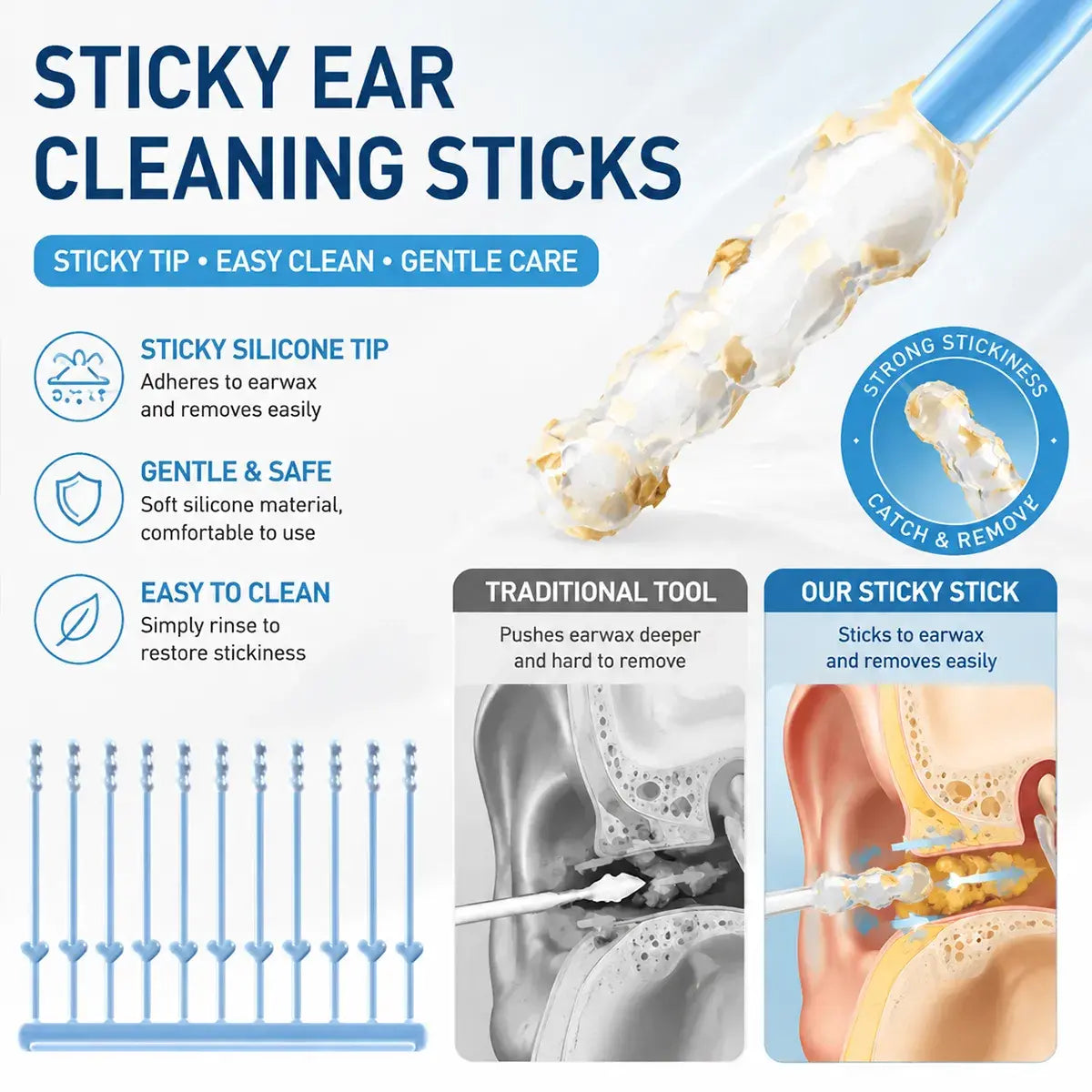 👂【Set de 4 cutii/96 bucăți】Bețișoare de urechi cu vârf din silicon — curățare profundă a urechilor, sigure și delicate, potrivite pentru întreaga familie
