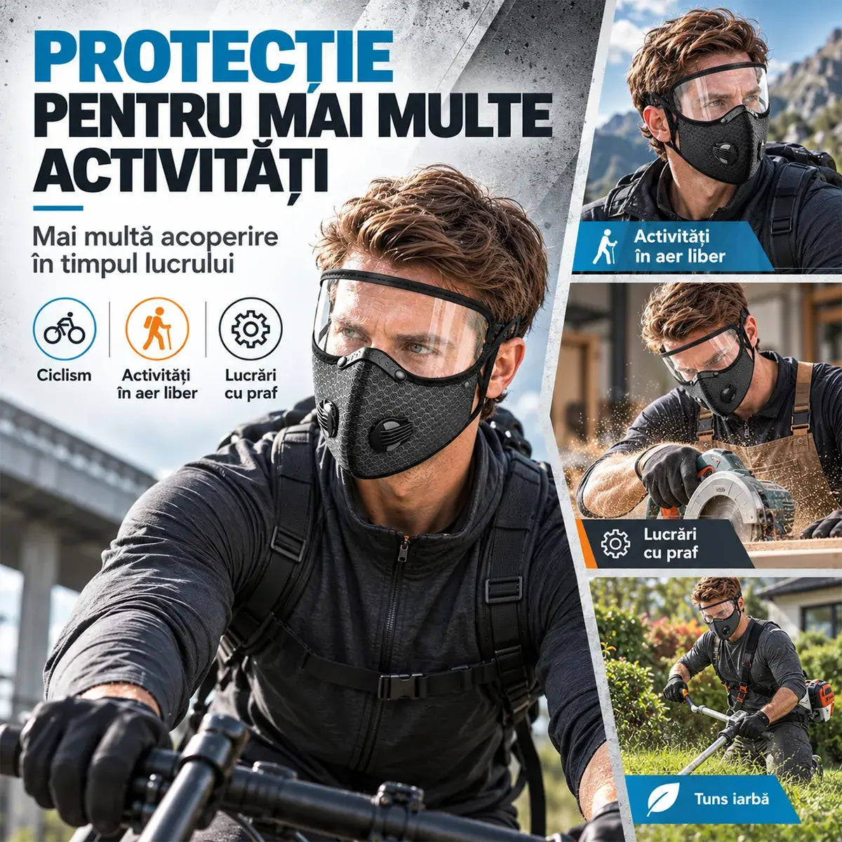 🔥 【OFERTĂ LIMITATĂ: 1+1 GRATIS】 Mască Multifuncțională de Protecție pentru Sport și Lucru 🚴 | Vizieră HD Detașabilă · Ideală pentru Ciclism, Tuns Iarbă & Lucrări cu Praf · 4 Culori