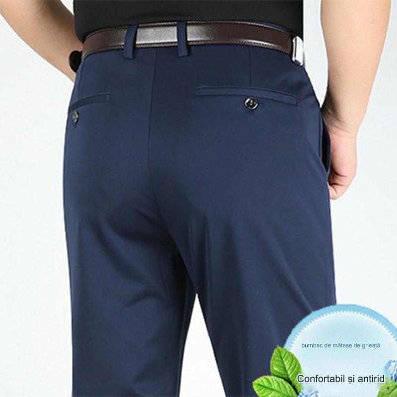 Pantaloni casual de afaceri subțiri pentru bărbați de primăvară și vară Pantaloni elastici din mătase de gheață, drepti, largi, fără călcat