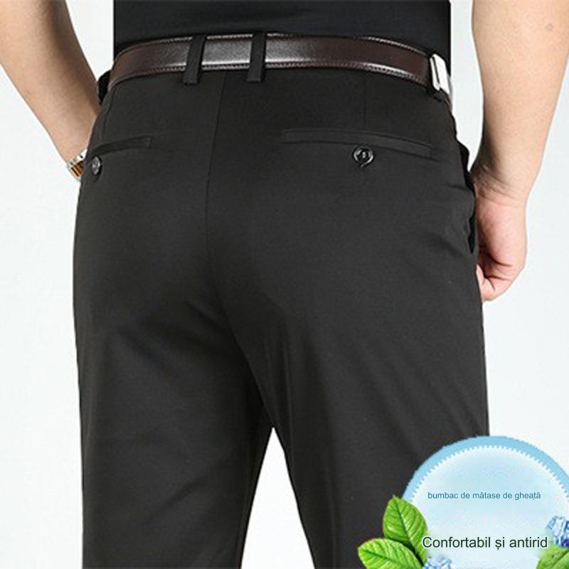 Pantaloni casual de afaceri subțiri pentru bărbați de primăvară și vară Pantaloni elastici din mătase de gheață, drepti, largi, fără călcat