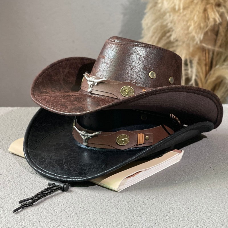 👒🎁Sombrero fedora de cuero para hombre y mujer, sombrero para el sol al aire libre.
