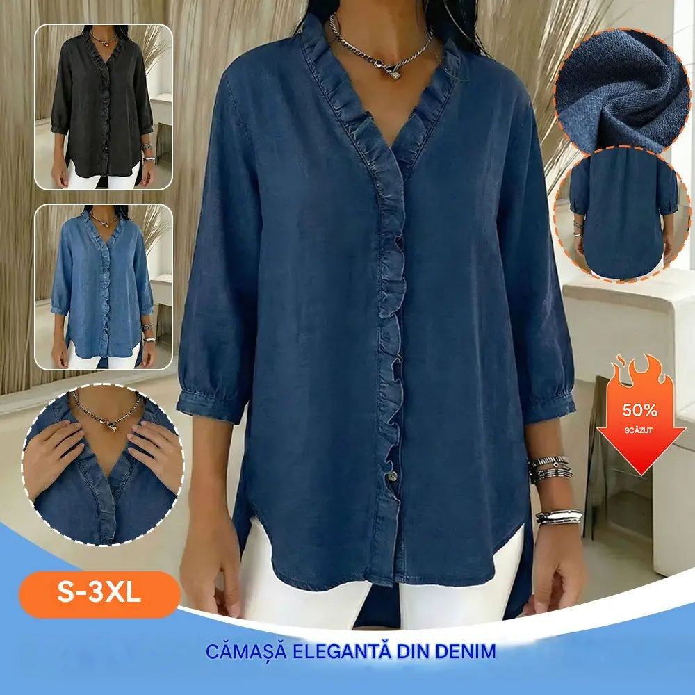 【40-100kg】Cămașă casual din denim pentru femei, cu decolteu în V și volane