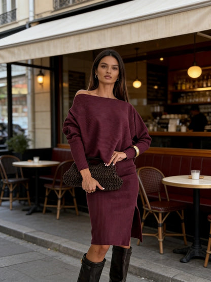 ✨【Top + Falda】 Conjunto de punto hombro inclinado para mujer, manga murciélago y falda abierta, ideal para primavera