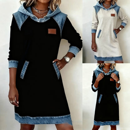 Zimska nova patchwork jeans obleka s kapuco ❄️ – ohlapna, udobna in enostavna za kombiniranje