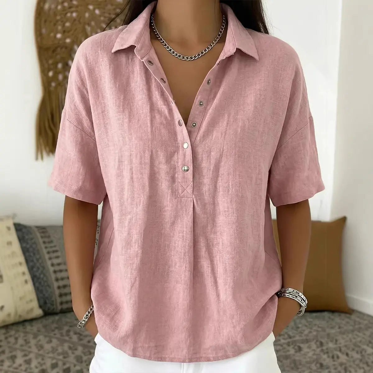 【S–3XL】Tricou cu mânecă scurtă pentru femei, din bumbac și in, croială slim, versatil, respirabil și confortabil