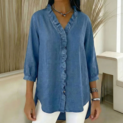 【40-100kg】Cămașă casual din denim pentru femei, cu decolteu în V și volane