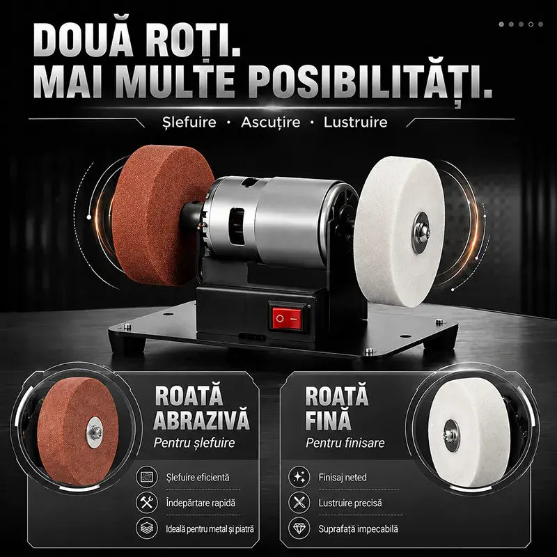 🛠️ Ascuțire și șlefuire profesională chiar la tine acasă! Polizor de banc mini multifuncțional (Motor din cupru / Viteză reglabilă / Disc dublu / Gata de utilizare)! ✨