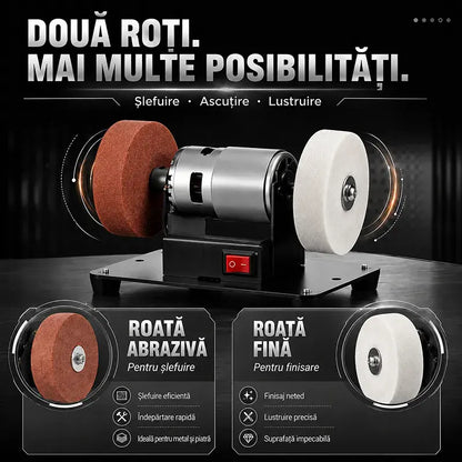 🛠️ Ascuțire și șlefuire profesională chiar la tine acasă! Polizor de banc mini multifuncțional (Motor din cupru / Viteză reglabilă / Disc dublu / Gata de utilizare)! ✨