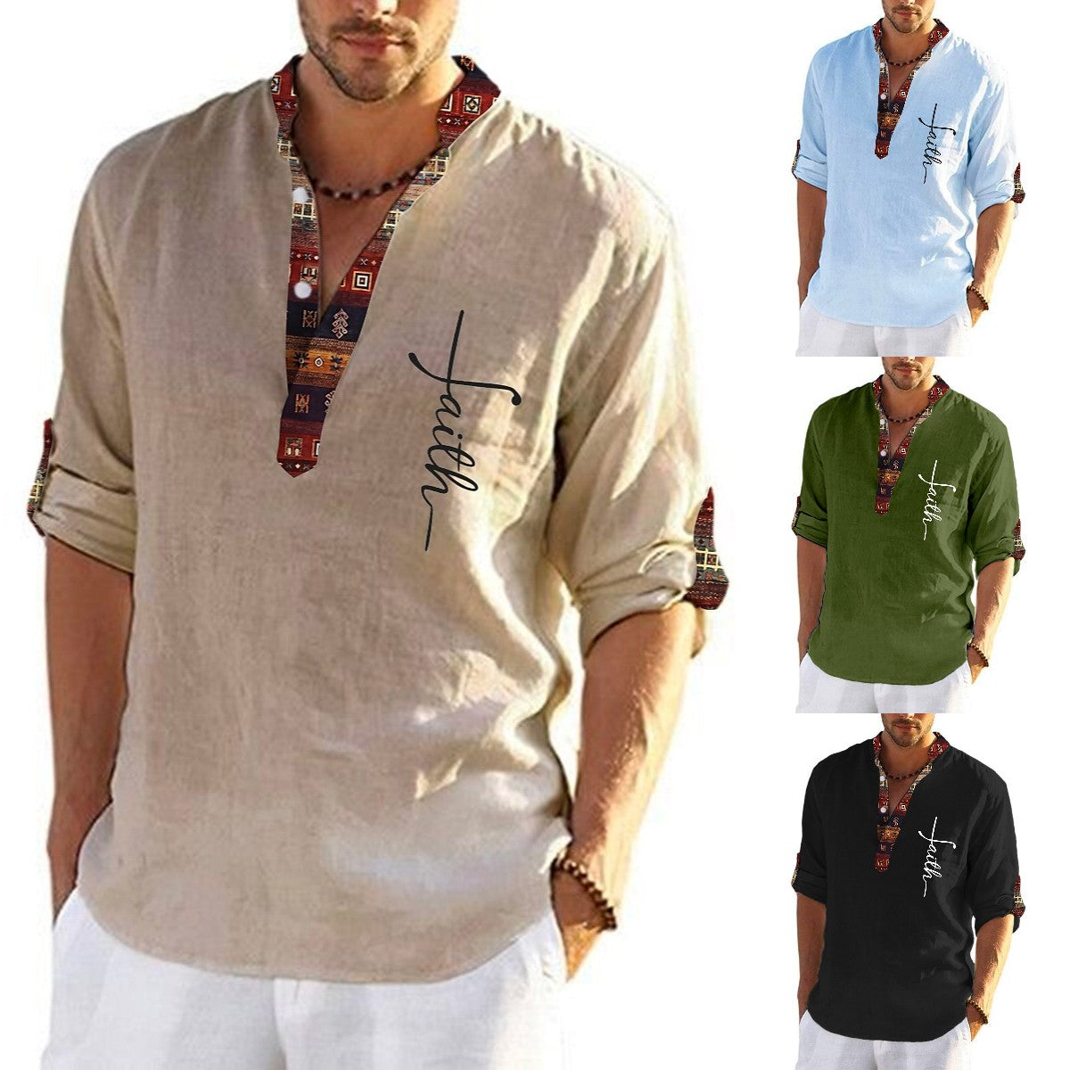 🔥Hot sale en España🔥Camisa hombre lino algodón estampada cuello pico✅️【Pago contra entrega】
