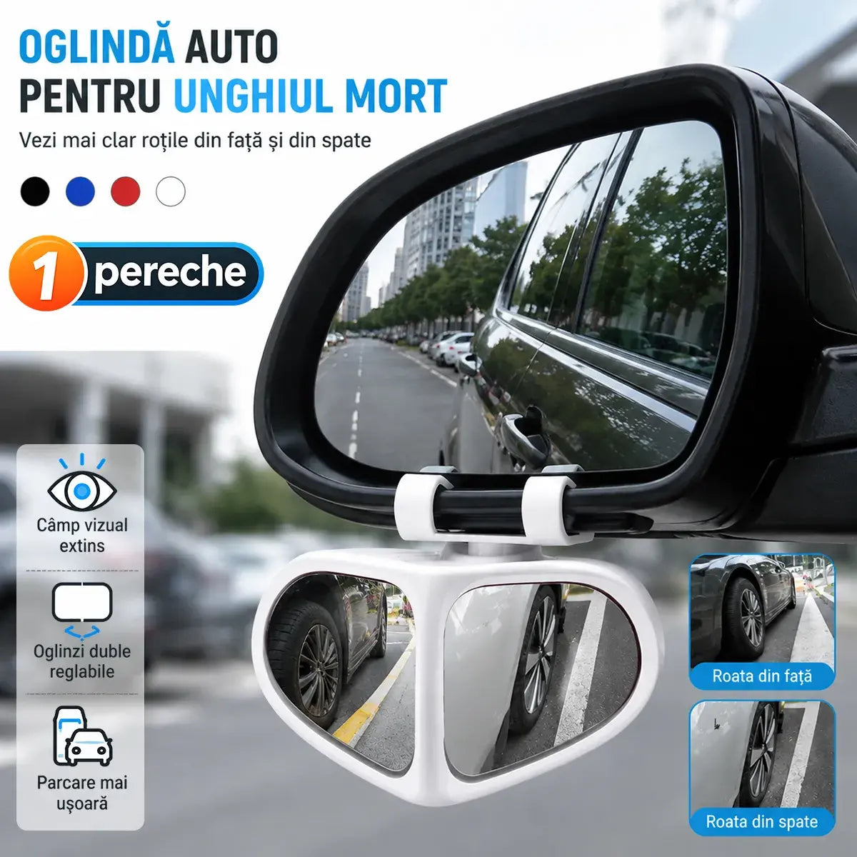 Set 2 Oglinzi Auxiliary Blind Spot 360° – Unghi Mort Roți Față și Spate, Sticlă HD Panoramica 🚗🔍