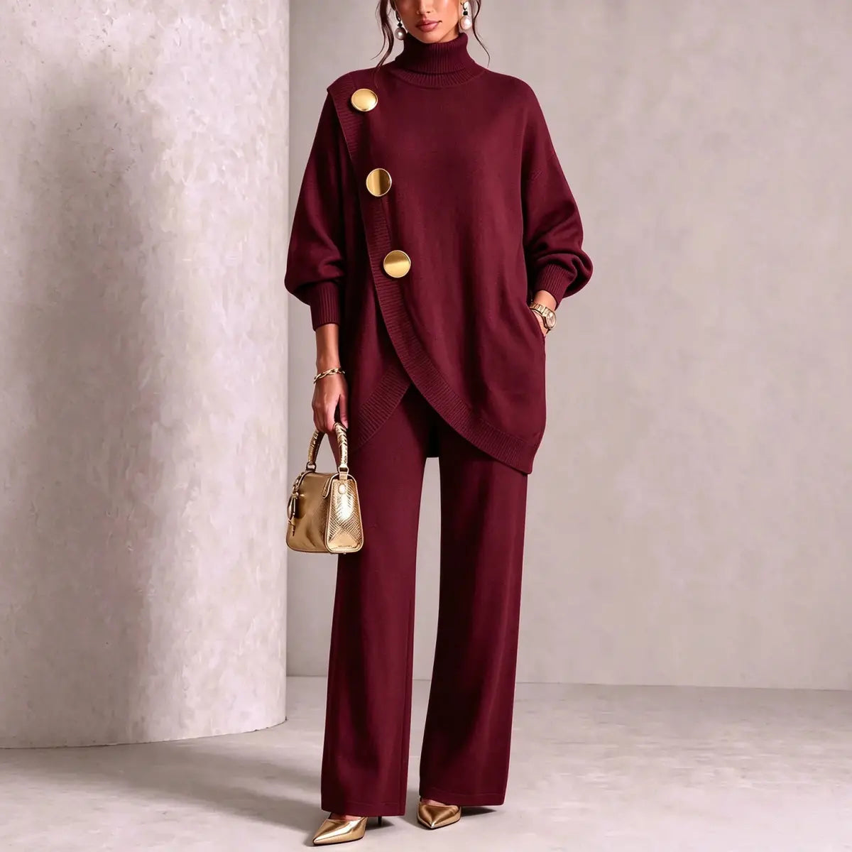 💕 【Top + pantaloni】Set elegant pentru femei: bluză cu guler înalt și pantaloni cu croială largă