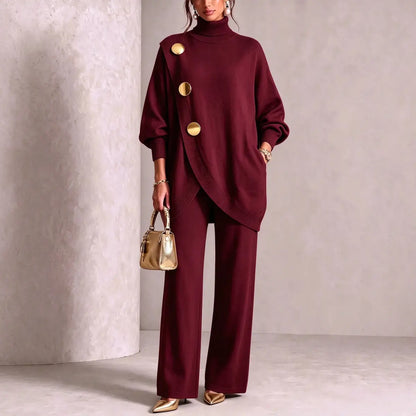 💕 【Top + pantaloni】Set elegant pentru femei: bluză cu guler înalt și pantaloni cu croială largă