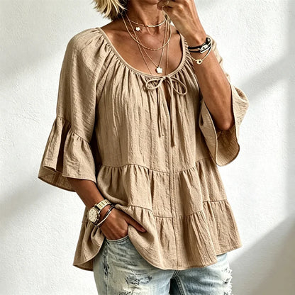 Bluză de Damă Elegantă cu Volane și Șnur la Decolteu, Mâneci Trei Sferturi Tip Clopot, Cămașă Texturată în Stil Boho-Chic, Model Peplum Lejer