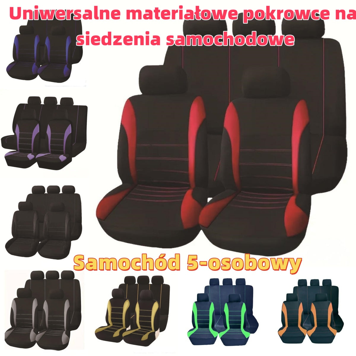 🚗🚗【50% zniżki】🔥Bestsellerowe uniwersalne pokrowce samochodowe z tkaniny z linią w talii, komplet na 5 miejsc【2 przednie siedzenia + 1 tylne siedzenie + 1 oparcie + 5 pokrowców na zagłówki】