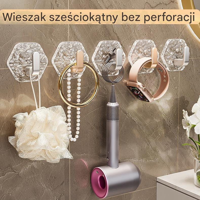 💥🏆【10 szt】Haczyki Hexagonalne Bez Wiercenia. 💎 Elegancki Design z Teksturą Iceberg – Łatwe Przyklejanie, Silne Wsparcie, Bez Śladów 🛁-3896613
