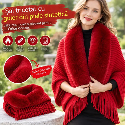 ❄️Un șal elegant și călduros din lână tricotată, cu guler de blană — potrivit pentru toate ocaziile, etalând un stil rafinat.