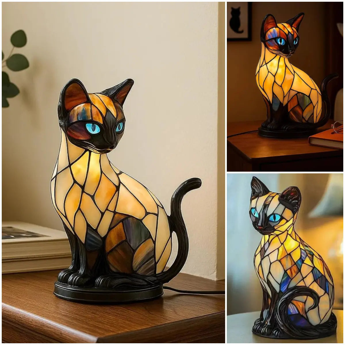 ✨Lampă de masă în formă de pisică, lampă de noapte retro din rășină colorată, cu motiv de pisică