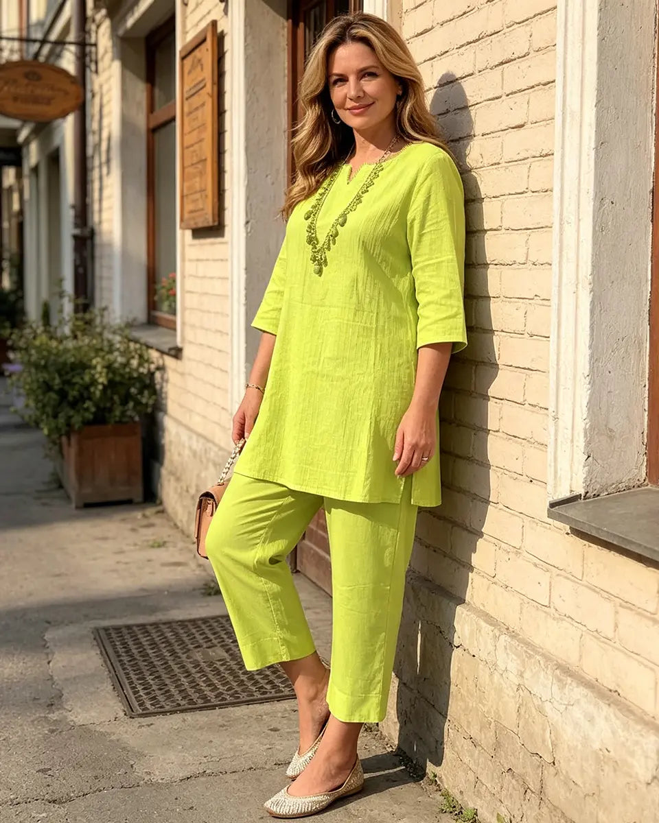 🔥【40-100kg】Vara noua moda culoare solidă temperament naveta stil etnic haine cu mâneci lungi costum din două piese