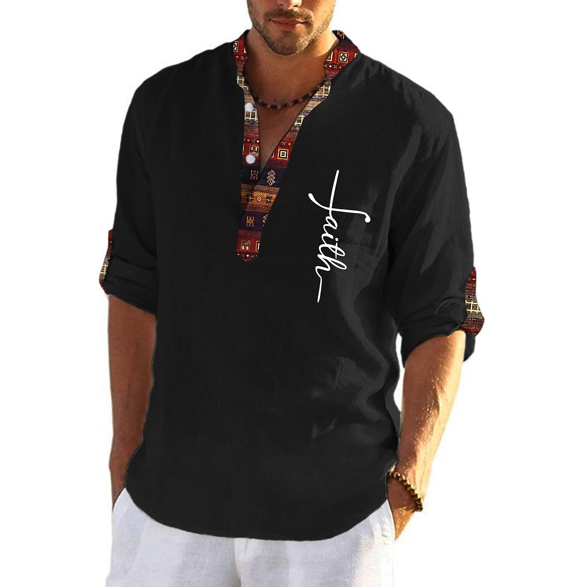 🔥Hot sale en España🔥Camisa hombre lino algodón estampada cuello pico✅️【Pago contra entrega】