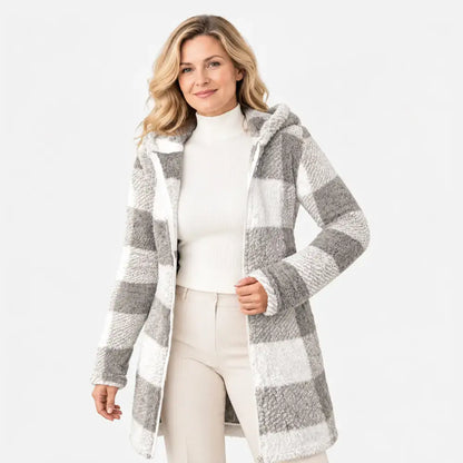 ✨【S-3XL】Cardigan lung damă reversibil, cu fermoar, blană artificială și model în carouri, pentru toamnă și iarnă