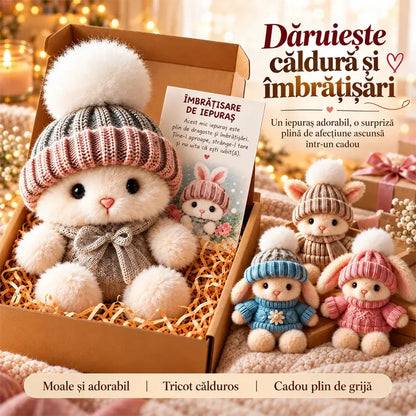 🐰 Iepuraș de pluș adorabil cu căciuliță și pulover tricotat, cadou perfect în cutie elegantă 🎁