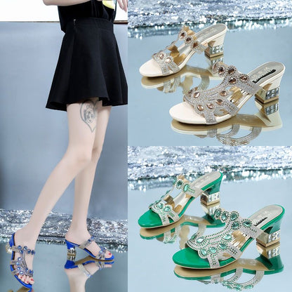 🥰【34-41】Papuci cu strasuri pentru a purta la exterior sandale cu toc gros de marime mare