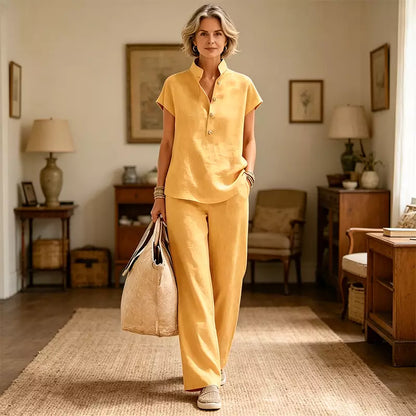 Set de Damă din In și Bumbac – Bluză cu Mânecă Scurtă și Pantaloni Largi, Stil Casual Elegant de Vară