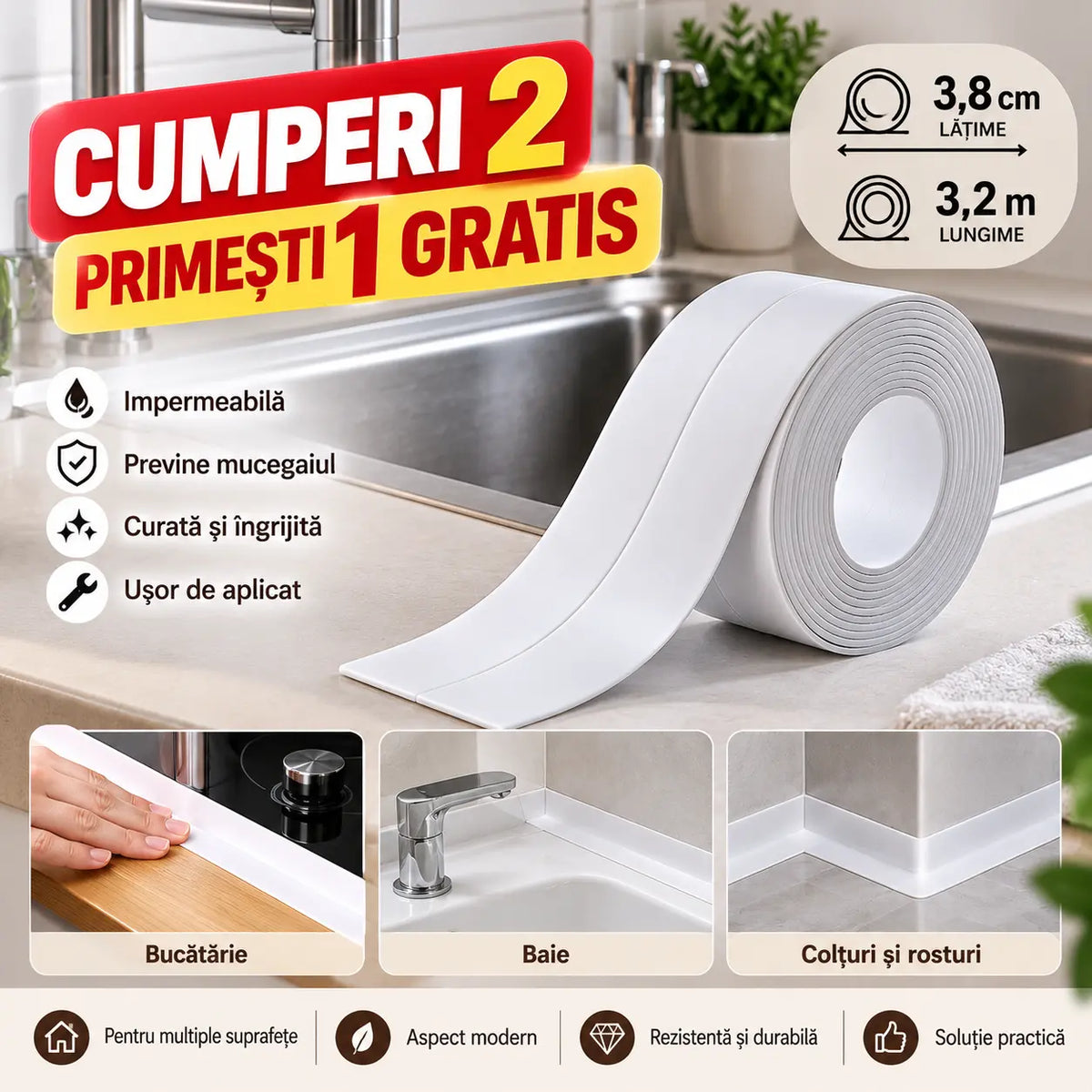 ✨【2+1 GRATUIT】Bandă impermeabilă pentru rosturi, protecție simplă împotriva umezelii pentru o casă mai curată și îngrijită