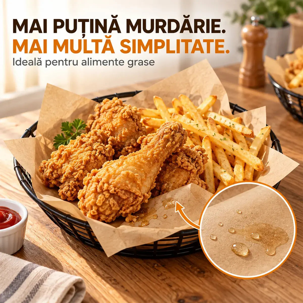 🍟 Hârtie Kraft Rezistentă la Grăsime (Set 100 Piese) – Fără Mizerie în Bucătărie! Ideală pentru Copt, Prăjit, Servire și Ambalare (25x35 cm + 30x40 cm)
