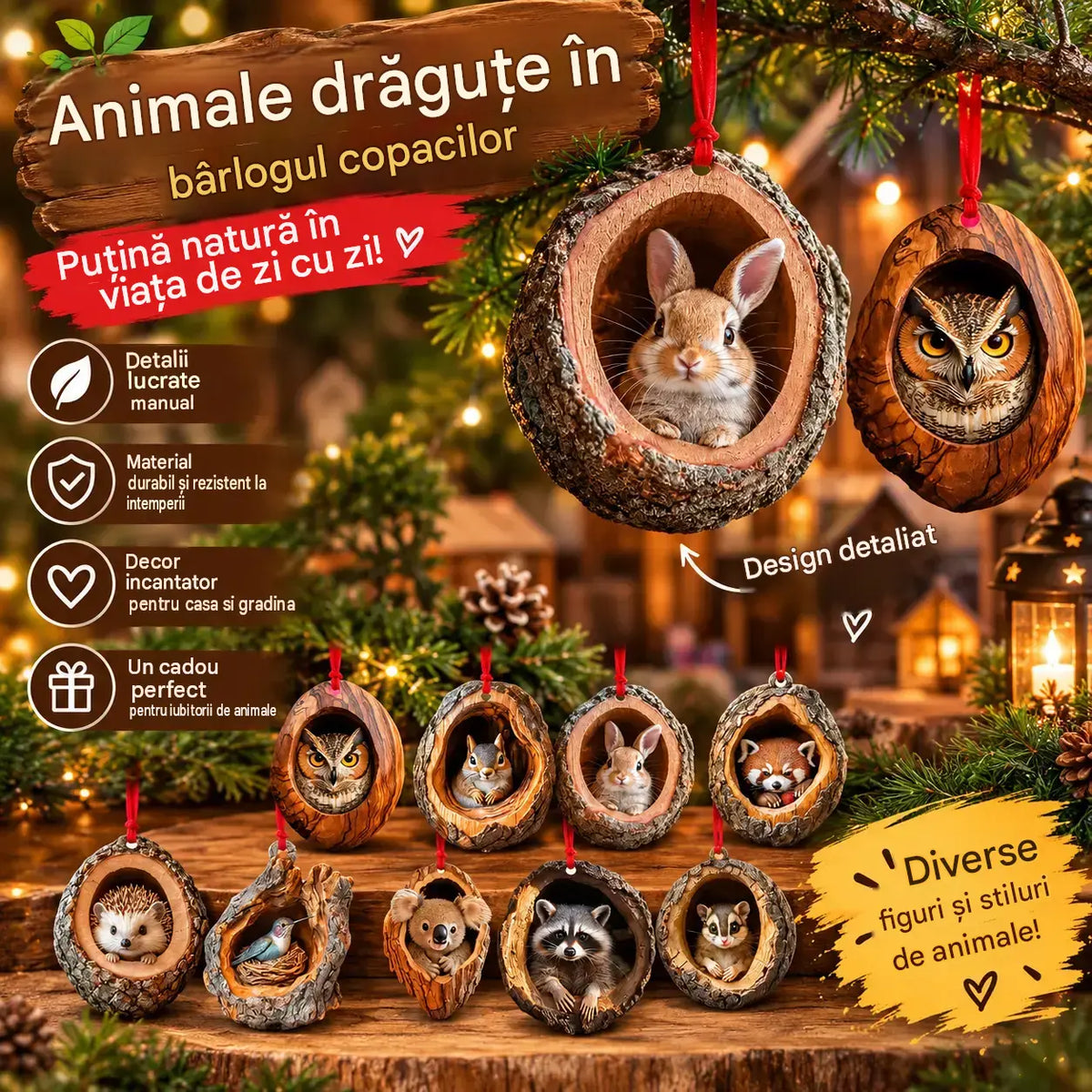 【10 bucăți】🎄Ornament pentru bradul de Crăciun cu animale. Ornament suspendat cu animale mici.