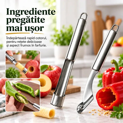 🍎 Set de 2 ustensile din oțel inoxidabil pentru îndepărtarea sâmburilor de fructe și a semințelor de ardei – rapid, precis și curat!