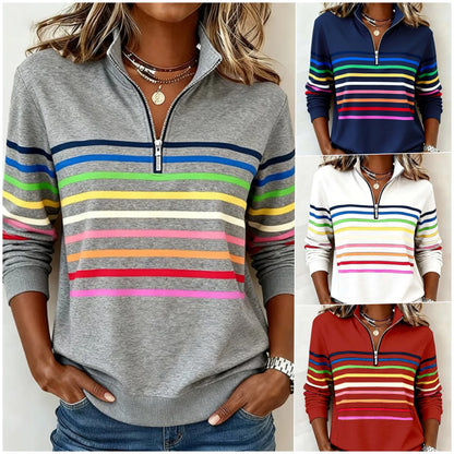 😀👗 Sudadera de moda con rayas arcoíris y cuello con media cremallera.