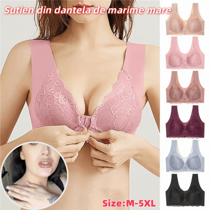 ✨【Set din 3 piese】Sutien sexy pentru mărimi mari, fără armătură, cu închidere în față și un design superb la spate.