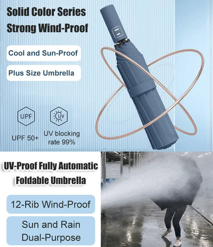 ☔Umbrelă automată mare pentru femei și bărbați, pliabilă, rezistentă la ploaie și raze UV